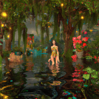 portrait of a female pinup model in love in tropical Thailand forest lake wearing a golden Swimsuit, year 1977 with hallucinatory experience, lush magic plants, armani style : : by martine johanna and simon stalenhag and chie yoshii and casey weldon and wlop : : ornate, dynamic, particulate, rich colors, intricate, elegant, highly detailed, the vogue, harper's bazaar art, fashion magazine, smooth, sharp focus, 8 k, octane render, style of sports illustrated