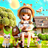 Shy girl wearing a sun hat, short - sleeved shorts, bangs, big eyes, carrying a small satchel, lively personality, sitting on the lawn, full - length portrait, Mo Landi palette, surrounded by lovely cats, natural background, sunshine, rich details, 3D rendering.