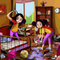 create an illustration for a children's book cover, no writings on the illustrations, detailed children's illustration in realistic cartoon mode of two indonesian girl, aged 11, cleaning their room, the scene is in their messy bedroom,