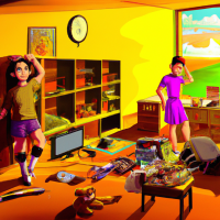 create an illustration for a children's book cover, no writings on the illustrations, detailed children's illustration in realistic cartoon mode of two indonesian girl, aged 11, cleaning their room, the scene is in their messy bedroom,