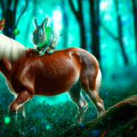 a cute bunny rabbit riding on a large horse, in a fantasy forest, mystical lighting hi resolution 4k