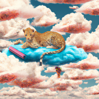 LEOPARD, The SKY was filled with clouds, reading on top of clouds, surrounded by many colorful clouds with little monsters in them. huge world view, big scene, cinematic, stunning, 16k, Ultra HD, very detailed, concept art, blue and white porcelain,