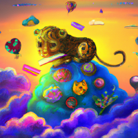 LEOPARD, The SKY was filled with clouds, reading on top of clouds, surrounded by many colorful clouds with little monsters in them. huge world view, big scene, cinematic, stunning, 