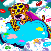 LEOPARD, The SKY was filled with clouds, reading on top of clouds, surrounded by many colorful clouds with little monsters in them. huge world view, big scene, cinematic, stunning, 